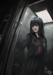 1girl absurdres arai_bokuseki black_hair black_serafuku black_shirt black_skirt bloodshot_eyes breasts elevator expressionless highres holding holding_knife horror_(theme) indoors knife lips long_hair original red_eyes school_uniform serafuku shirt skirt solo standing