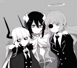 3girls aryll_(marbles) demon_girl demon_horns dress etihw_(funamusea) formal_clothes funamusea genderswap genderswap_(mtf) haiiro_teien horns kcalb_(funamusea) multiple_girls suit white_dress white_hair wodahs_(funamusea)