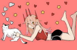 1girl absurdres animal black_shorts cat chainsaw_man cross-shaped_pupils demon_horns ear_piercing from_side heart highres holding holding_animal holding_cat horns legs_up long_hair looking_at_viewer lying meowy_(chainsaw_man) on_stomach orange_hair piercing power_(chainsaw_man) red_shirt sailen0 shaking shirt shorts star_(symbol) symbol-shaped_pupils