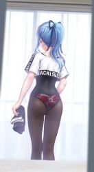 Rule 34 | 1girl, absurdres, artist name, ass, black panties, black shirt, blue hair, blue nails, brown pantyhose, cropped shirt, crotch seam, earrings, fine fabric emphasis, fingernails, floral print, from behind, hair ribbon, highres, holding, holding towel, hololive, hololive dance practice uniform, hoshimachi suisei, indoors, jewelry, lace, lace-trimmed panties, lace trim, medium hair, nail polish, panties, panties under pantyhose, pantyhose, print panties, purple ribbon, ribbon, shirt, short sleeves, side ponytail, solo, steam, striped ribbon, thighband pantyhose, towel, underwear, virtual youtuber, wajuniorbox, white shirt