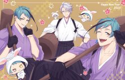 2023 3boys azul_ashengrotto black_gloves blue_eyes blue_hair brothers brown_eyes chibi chinese_zodiac cowboy_shot dated floyd_leech glasses gloves grey_hair hakama hakama_pants happy_new_year heterochromia highres holding holding_mallet jade_leech japanese_clothes kimono kine looking_at_viewer male_focus mallet michihito multiple_boys new_year one_eye_closed pants purple_kimono sharp_teeth short_hair siblings smile teeth twins twisted_wonderland white_kimono year_of_the_rabbit yellow_background yellow_eyes