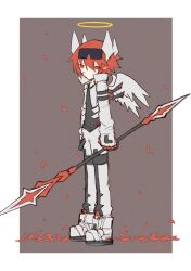 1boy angel angel_wings aotu_world armband artist_name black_shirt chinese_commentary closed_mouth cropped_jacket falling_petals feathered_wings full_body gloves goggles goggles_on_head grey_background hair_between_eyes halo headgear high_collar highres holding holding_polearm holding_weapon jacket long_sleeves looking_at_viewer male_focus pants petals pius_(aotu_world) pointy_ears polearm red_eyes red_hair red_petals scar scar_on_face shirt shoes signature solo spear standing thigh_strap two-tone_background weapon weiluu white_gloves white_jacket white_pants white_shoes white_wings wings