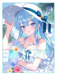 1girl :d blue_eyes blue_hair border breasts bubble cleavage cup dress drinking_glass drinking_straw flower food hair_ornament hat highres hololive hoshimachi_suisei ice ice_cream ice_cream_float jewelry long_hair necklace open_mouth pearl_hair_ornament shell_hair_ornament smile solo star_(symbol) star_hair_ornament sun_hat sundress virtual_youtuber white_border white_dress white_hat yuzuriha_(nx_e78)