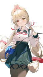 1girl absurdres alice_thymefield animal_ears black_gloves black_pantyhose blonde_hair closed_mouth coria fingerless_gloves gloves heterochromia highres long_hair long_sleeves looking_at_viewer low_twintails pantyhose rabbit_ears rabbit_girl red_eyes shirt shirt_tucked_in simple_background skirt twintails twitter_username white_background white_shirt yellow_eyes zenless_zone_zero