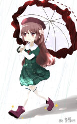 1girl beret blush boots bow bowtie brown_eyes brown_hair butterfly_hair_ornament buttons closed_mouth commentary flower footwear_flower frilled_umbrella frills full_body hair_ornament hat highres holding holding_umbrella layered_sleeves long_hair long_sleeves magia_record:_mahou_shoujo_madoka_magica_gaiden mahou_shoujo_madoka_magica plaid_clothes plaid_skirt puffy_sleeves rain red_bow red_bowtie red_hat rubber_boots satomi_touka school_uniform sengoku_chidori shirt short_over_long_sleeves short_sleeves simple_background skirt smile solo st._liliana&#039;s_academy_school_uniform standing umbrella walking white_background white_sleeves white_umbrella