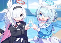 Rule 34 | 2girls, absurdres, aqua hair, aqua halo, arona (blue archive), black choker, black coat, black hairband, black sailor collar, black serafuku, black shirt, black skirt, blue archive, blue eyes, blue shirt, blunt bangs, blurry, blurry background, bow, bow hairband, braid, chair, chalkboard, chinese commentary, choker, classroom, closed mouth, coat, colored inner hair, commentary request, desk, grey eyes, gun, hair ornament, hair over one eye, hair over shoulder, hairband, halo, highres, index finger raised, layered sleeves, long hair, long sleeves, looking at viewer, medium hair, mogu kinoko, multicolored hair, multiple girls, neckerchief, open clothes, open coat, open mouth, parted bangs, pink hair, plana (blue archive), puffy long sleeves, puffy sleeves, red halo, red pupils, sailor collar, sailor shirt, school chair, school desk, school uniform, serafuku, shirt, single braid, single sidelock, skirt, smile, split mouth, teeth, two-tone hair, umbrella, umbrella gun, upper body, upper teeth only, weapon, white bow, white choker, white hair, white hairband, white neckerchief, white sailor collar, white skirt