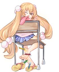 1girl barefoot blue_skirt body_writing brown_eyes brown_hair chaosexceed commentary commission crayon english_commentary fang flip-flops full_body highres kodomo_no_jikan kokonoe_rin long_hair looking_at_viewer miniskirt one_eye_closed open_mouth pleated_skirt sandals simple_background sitting skirt smile soles solo toes twintails very_long_hair white_background