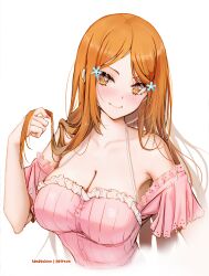 1girl alternate_eye_color artist_name bare_shoulders bleach breasts collarbone female_focus hair_ornament hairclip highres inoue_orihime kana_yukino large_breasts light_blush long_hair off_shoulder orange_eyes orange_hair patreon_username pink_nails shiny_skin simple_background smile upper_body white_background