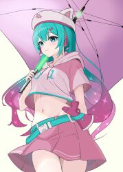 1girl absurdres animal_ears animal_hat aqua_belt aqua_eyes aqua_hair blush breasts cat_ears cat_hat closed_mouth fortnite futatunoniji gradient_hair gun hair_ornament hairclip hat hatsune_miku headset highres holding holding_umbrella hood hoodie long_hair midriff multicolored_hair navel neko_hatsune_miku pink_hair pink_hat pink_hoodie pink_skirt skirt smile solo stomach twintails two-tone_hair umbrella vocaloid weapon