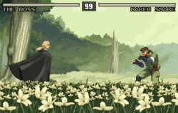 1boy 1girl beard big_boss blonde_hair brown_hair character_name cloak commentary english_commentary facial_hair field fighting_game fighting_stance flower flower_field forest headband health_bar metal_gear_(series) metal_gear_solid_3:_snake_eater military military_uniform naked_snake nature pixel_art spoilers the_boss tom_waterhouse