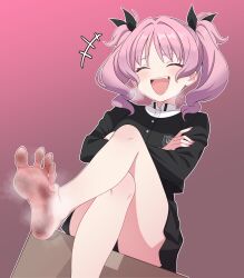 1girl absurdres aoi_nadeshiko bare_legs barefoot black_shirt black_skirt blush closed_eyes commentary_request crossed_arms crossed_legs dirty dirty_feet eyelashes feet foot_focus foot_out_of_frame gakuen_idolmaster gokugetsu_academy_school_uniform gradient_background hair_intakes high-waist_skirt highres idolmaster laughing legs long_sleeves nail_polish open_mouth pink_background pink_hair pink_nails pleated_skirt school_uniform shirt sitting skirt smell soles solo spread_toes steaming_body teeth thighs toenail_polish toenails toes toxic_pter twintails upper_teeth_only