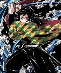 Rule 34 | 1boy, belt, black hair, black jacket, black pants, blue eyes, demon slayer uniform, feet out of frame, furrowed brow, haori, holding, holding sword, holding weapon, jacket, japanese clothes, katana, kimetsu no yaiba, long hair, male focus, pants, parted lips, sinba (ying-hua), solo, sword, tomioka giyuu, weapon, white belt, wide-eyed
