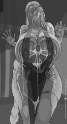 1boy 1girl absurdres ass breasts covered_erect_nipples cum elden_ring female_focus giant giantess highres hth5k huge_breasts long_hair mature_female monochrome open_mouth queen_marika_the_eternal smile tarnished_(elden_ring) trapped_in_clothing
