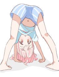 Rule 34 | 1girl, :o, all fours, bare legs, barefoot, bent over, blue male underwear, boxers, brown eyes, dot nose, feet, from behind, highres, kneepits, light blush, long hair, looking at viewer, looking back, looking through own legs, male underwear, navel, onii-chan wa oshimai!, open mouth, oyama mahiro, pink hair, pinstripe pattern, riannn desu, shirt, short sleeves, simple background, solo, striped clothes, striped male underwear, underwear, upshirt, upside-down, vertical-striped clothes, white background, white shirt