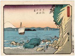 19th_century 1boy 6+girls ando_hiroshige backpack bag boat boulder clear_sky fishing fishing_net gradient_sky highres japan japanese_clothes japanese_text kimono landscape mount_fuji mountain mountainous_horizon multiple_girls ocean orange_sky original outdoors partially_submerged purple_sky sail scenery sky thirty-six_views_of_mount_fuji_(hiroshige) traditional_media translation_request tree volcano water watercraft waves