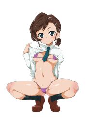 1girl areola_slip bikini black_necktie black_socks blue_bikini blue_eyes breasts brown_hair brown_shoes closed_mouth clothes_lift dress_shirt full_body gegege_no_kitarou hair_ornament hairclip inuyama_mana lifting_own_clothes loafers long_sleeves looking_at_viewer medium_breasts micro_bikini navel necktie no_pants ponytail shirt shirt_lift shoes short_hair short_ponytail simple_background socks solo spread_legs squatting string_bikini swimsuit white_background white_shirt wing_collar zootan