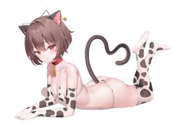 1girl absurdres animal_ears animal_print ass bare_shoulders bell bikini breasts brown_hair cat_ears cat_tail choker cleavage commentary_request commission cow_print cow_print_bikini cow_print_gloves cow_print_thighhighs cowbell ear_tag elbow_gloves gloves hairband halterneck heart heart_tail highres keibeam korean_commentary legs_up looking_at_viewer lying mole mole_on_breast mole_under_eye no_shoes on_stomach original parted_lips print_bikini print_gloves print_thighhighs prunechi red_choker red_eyes second-party_source short_hair simple_background small_breasts solo string_bikini swimsuit tail the_pose thighhighs white_background white_gloves white_thighhighs