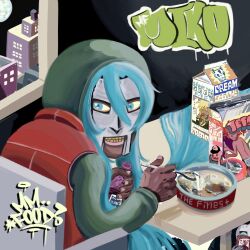 1girl alternate_costume blue_eyes blue_hair cereal cereal_box dark-skinned_female dark_skin english_text hatsune_miku highres indoors long_hair mask mf_doom milk mm..._food papichuloati parody sitting solo spoon table twintails vocaloid