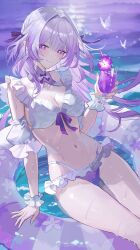 1girl alternate_costume bikini bright_pupils castorice_(honkai:_star_rail) frilled_bikini frills highres holding honkai:_star_rail honkai_(series) long_hair maria_(maria_rose) purple_eyes smile solo swimsuit white_bikini white_pupils