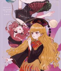 2girls bare_shoulders belt black_belt black_choker black_dress black_hat black_nails black_shirt blonde_hair blush chain chinese_clothes choker clothes_writing commentary_request cowboy_shot crescent crescent_print dalachi_(headdress) dress earth_(ornament) emimi_(emimi_28) energy english_text fingernails flying frills gold_chain green_skirt happy_birthday hat heart heart_print hecatia_lapislazuli junko_(touhou) long_fingernails long_hair long_sleeves looking_at_another mandarin_collar medium_hair moon_(ornament) multicolored_skirt multiple_girls nail_polish neck_ribbon off-shoulder_shirt off_shoulder open_mouth phoenix_print plaid_clothes plaid_skirt pom_pom_(clothes) purple_background purple_skirt red_eyes red_hair red_lips red_skirt red_tabard ribbon shirt short_sleeves simple_background skirt smile standing t-shirt tabard tassel teeth touhou underworld_(ornament) upside-down watermark wavy_hair wide_sleeves yellow_ribbon