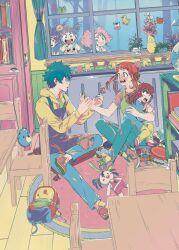 1girl animal_bag babysitter bag bear_bag boku_no_hero_academia brown_eyes brown_hair chair flower green_eyes green_hair holding holding_flower holding_kid kindergarten kindergarten_uniform loritoart midoriya_izuku open_mouth pink_flower pink_shirt school_bag school_chair shirt short_hair simple_background toy uraraka_ochako white_shirt window yellow_shirt