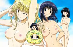 00s 4girls black_hair blonde_hair blue_hair blue_sky breasts brown_eyes cleft_of_venus female_focus hand_on_own_hip hip_focus innertube looking_at_viewer multiple_girls nipples nude nude_filter nudist one_eye_closed pussy sawachika_eri school_rumble sky smile suou_mikoto_(school_rumble) swim_ring third-party_edit tsukamoto_tenma tsukamoto_yakumo uncensored wink