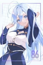 Rule 34 | 1girl, 86 -eightysix-, absurdres, antenna hair, arm up, belt, blue eyes, blue jacket, breasts, cleavage, cropped jacket, grey eyes, high-waist skirt, highres, jacket, long hair, looking at viewer, marufus, medium breasts, military jacket, military uniform, o-ring, o-ring belt, shirt, skirt, smile, solo, vladilena millize, white background, white belt, white shirt