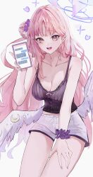 1girl :d absurdres alternate_costume bare_shoulders black_camisole blue_archive breasts camisole cellphone cleavage collarbone commentary_request fingernails hair_bun halo hand_on_own_thigh hand_up highres holding holding_phone kuromame_(meekaki96) long_hair looking_at_viewer low_wings medium_breasts mika_(blue_archive) nail_polish open_mouth phone pink_hair pink_halo purple_nails purple_scrunchie scrunchie short_shorts shorts simple_background smile solo very_long_hair white_background white_shorts white_wings wings yellow_eyes