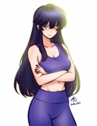 1girl ayra_(fire_emblem) black_hair breasts cleavage crossed_arms fire_emblem fire_emblem:_genealogy_of_the_holy_war highres large_breasts long_hair looking_at_viewer navel nintendo one_eye_closed pants purple_eyes purple_pants purple_sports_bra rotomdocs sports_bra yoga_pants