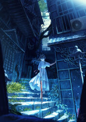 1girl air_conditioner black_hair building day dress grey_eyes highres holding holding_umbrella house lamppost long_hair original outdoors sandals scenery shuu_illust solo stairs umbrella white_dress