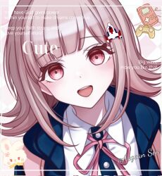 1girl :d aegean_sea backpack bag black_shirt brown_hair danganronpa_(series) danganronpa_2:_goodbye_despair dress_shirt english_text highres hood hood_down hooded_jacket jacket medium_hair nanami_chiaki neck_ribbon open_mouth pink_eyes pink_ribbon ribbon shirt smile solo spaceship_hair_ornament teeth upper_teeth_only white_shirt