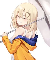 1girl absurdres blonde_hair blush breasts coat dress highres holding holding_umbrella hololive hololive_english looking_back medium_hair ninomae_ina&#039;nis off_shoulder raincoat simple_background skaarl_(artist) smile solo spaghetti_strap sundress two-sided_coat two-sided_fabric umbrella violet_(ninomae_ina&#039;nis) virtual_youtuber watson_amelia white_background yellow_raincoat