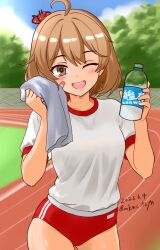 1girl alternate_costume bandaid bandaid_on_face blush bottle breasts buruma chain-link_fence cowboy_shot crab crab_on_head dated day fence gym_shirt gym_uniform highres kantai_collection oboro_(kancolle) one_eye_closed open_mouth outdoors running_track shirt short_sleeves smile solo sweatdrop tasogare_yanio towel track_and_field tree twitter_username water_bottle