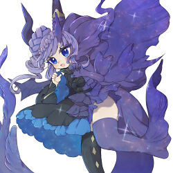 Rule 34 | 1girl, black dress, black thighhighs, blue hair, demon girl, demon horns, demon wings, dimonno vaalmonica, dress, duel monster, fusion, highres, horns, kokodari, multicolored hair, purple hair, purple tail, purple thighhighs, simple background, solo, streaked hair, thighhighs, two-tone hair, white background, wings, yu-gi-oh!, zebufera vaalmonican hallow heathen