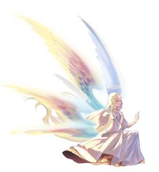 1girl angel angel_wings blonde_hair christianity dress eyelashes female_focus gabriel_(angel) habit halo kneeling kyara36 long_hair mythology solo white_background white_dress wings