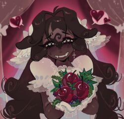 black_forest_cookie bouquet bow bridal_veil cherry cookie_run cookie_run:_kingdom cross-shaped_pupils dark-skinned_female dark_skin dress fangs flower food fruit hair_intakes heart highres holding holding_bouquet ponyzillaz puffy_short_sleeves puffy_sleeves short_sleeves sparkling_eyes symbol-shaped_pupils veil wedding_dress white_bow white_dress white_eyes white_veil