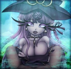 1girl absurdres amulet breasts cloudy danganronpa:_trigger_happy_havoc danganronpa_(series) demon_girl earrings eyelashes fangs female_focus hairpiece hat highres jewelry kirigiri_kyoko large_breasts long_eyelashes long_hair looking_at_viewer lying necklace outdoors paizuri pink_eyes pink_hair pov sex solo_focus squished_boobs steam topless_female vrabo witch_hat