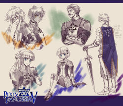Rule 34 | 2girls, 4boys, armored boots, blue eyes, blunt bangs, boots, cape, closed mouth, commentary request, cup, full body, gargadia empire, glasses, grin, half updo, highres, holding, holding cup, holding saucer, holding sword, holding weapon, locked arms, long hair, long sleeves, looking at viewer, multiple boys, multiple girls, pants, pixiv fantasia, pixiv fantasia 5, pointy ears, purple cape, saucer, scar, scar across eye, scar on face, shijou satori, shirt, short hair, sidelocks, sitting, sketch, skirt, smile, standing, sword, teacup, upper body, weapon, yellow eyes