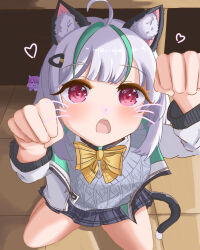 1girl admi_(nikke) ahoge animal_ear_fluff animal_ears black_skirt blush bow bowtie cat_ears cat_tail doro_(nikke) drawn_nose drawn_whiskers goddess_of_victory:_nikke green_eyes grey_hair grey_sweater hair_ornament heart highres jacket kemonomimi_mode kneeling lazy_aoba long_sleeves looking_at_viewer multicolored_hair open_mouth paw_pose pink_eyes plaid_clothes plaid_skirt pleated_skirt skirt streaked_hair sweater sweater_vest tail tile_floor tiles white_jacket yellow_bow yellow_bowtie