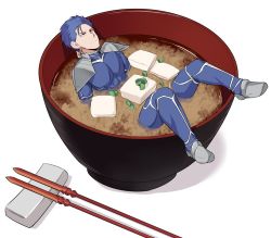 1boy armor blue_hair commentary_request cu_chulainn_(fate) cu_chulainn_(fate/stay_night) earrings fate/stay_night fate_(series) food jewelry long_hair male_focus mini_person miniboy polearm ponytail red_eyes shiseki_hirame simple_background solo soup spear tagme v-shaped_eyebrows weapon white_background