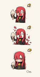 Rule 34 | 1boy, 1girl, closed eyes, closed mouth, crest, family crest, fate/grand order, fate (series), fire, food, goma1021, highres, holding, holding food, holding ice cream, ice cream, ice cream cone, melting, oda nobunaga (fate), oda nobunaga (maou avenger) (fate), red eyes, red hair, soft serve, toyotomi hideyoshi (fate), trembling