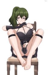 1girl barefoot chair feet green_hair highres long_hair panties pantyshot purple_eyes senpaisif side_ponytail smile soles sousou_no_frieren toes ubel_(sousou_no_frieren) underwear