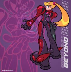 1girl arm_cannon armor blonde_hair blue_eyes copyright_name from_behind full_armor full_body gem highres long_hair looking_at_viewer looking_back metroid metroid_prime_4:_beyond multicolored_armor neon_trim nintendo no_headwear pajaronaa ponytail power_suit_(metroid) purple_armor purple_background purple_gemstone red_armor ripples samus_aran solo standing thrusters two-tone_armor weapon