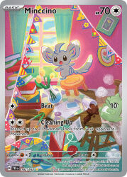 :o animal_focus artist_name blue_sky book book_stack card_(medium) character_name cloud company_name copyright_name copyright_notice cup curtains day dot_nose drink english_text envelope flower gen_5_pokemon indoors messy_room minccino mug nintendo no_humans official_art on_stool open_mouth picture_frame pokemon pokemon_(creature) pokemon_card pokemon_focus pokemon_tcg scissors shibuzoh sky solo spill stool stuffed_toy substitute_(pokemon) table third-party_source trading_card vase water window wooden_chair wooden_table yarn yarn_ball yellow_flower