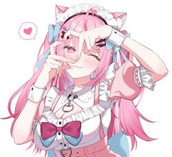 1girl ;3 absurdres ahoge animal_ears bandaid bandaid_hair_ornament belt black_choker blue_bow blush bow breasts cat_choker cat_ears cat_girl choker cleavage cleavage_cutout closed_mouth clothing_cutout dress fingernails fish_hair_ornament hair_bow hair_ornament hairclip heart heart_hair_ornament highres indie_virtual_youtuber large_breasts long_hair looking_at_viewer maid maid_headdress maki_oimo o-ring o-ring_choker one_eye_closed paw_print pink_belt pink_bow pink_dress pink_eyes pink_hair short_sleeves simple_background smile solo two_side_up virtual_youtuber white_background white_wrist_cuffs wrist_cuffs yuuki_sakuna yuuki_sakuna_(1st_costume)