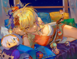 1girl absurdres arm_support arm_tattoo bandaged_arm bandages bed bed_sheet bracelet cameo candy_apple character_doll chest_tattoo commentary_request eyes_visible_through_hair fingerless_gloves food genshin_impact gloves hadanugi_dousa hair_between_eyes hair_ornament hand_fan highres holding japanese_clothes jewelry kimono light_brown_hair long_hair looking_at_viewer looking_up lying night night_sky obi on_side open_clothes open_kimono orange_eyes paimon_(genshin_impact) paper_fan pillow ponytail pouch raiden_shogun rui_(gsr1982) sarashi sash sidelocks single_glove sky solo star_(sky) starry_sky tattoo uchiwa window yoimiya_(genshin_impact)