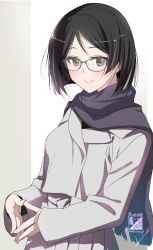 Rule 34 | 1girl, alternate costume, artist logo, black hair, black scarf, brown eyes, commentary request, glasses, green-framed eyewear, jacket, kantai collection, kimura shiki, kirishima (kancolle), logo, one-hour drawing challenge, scarf, short hair, skirt, smile, solo, steepled fingers, upper body, white jacket, white skirt