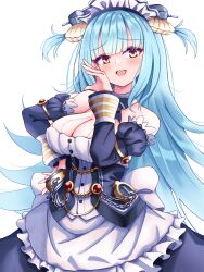 1girl apron azur_lane bare_shoulders blue_dress blue_hair breasts clam_shell cleavage commentary_request detached_sleeves dress fake_antlers frilled_apron frills gem highres juliet_sleeves kokonoe910 large_breasts long_hair long_sleeves looking_at_viewer maid_headdress neptune_(azur_lane) open_mouth puffy_sleeves red_gemstone shell_hair_ornament simple_background solo teeth upper_teeth_only very_long_hair white_apron white_background yellow_eyes