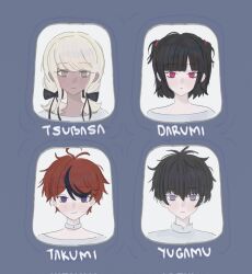 2boys 2girls amemiya_darumi black_bow black_hair blonde_hair blue_background blue_eyes bow brown_eyes choker dark-skinned_female dark_skin kawana_tsubasa long_hair looking_at_viewer multicolored_hair multiple_boys multiple_girls omokage_yugamu pink_eyes portrait red_hair short_hair sumino_takumi the_hundred_line_-last_defense_academy-