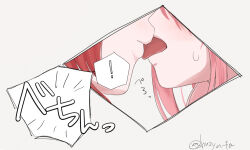 ! 2girls bocchi_the_rock! closed_mouth gotoh_hitori huzya_ta kita_ikuyo licking licking_another&#039;s_face licking_another&#039;s_lips multiple_girls pink_hair red_hair simple_background speech_bubble spoken_exclamation_mark sweatdrop translation_request white_background yuri